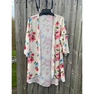 Pinkmilly Floral Kimono Cardigan Small Ivory Pink Blue Poppy Open Front Cover Up